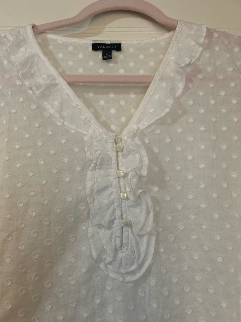 Talbots White Dot-Texture Ruffle-Trim Blouse